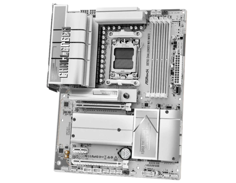 ASRock X870E Challenger WiFi White - AMD X870E ATX motherboard, AM5 Ryzen 7000/8000/9000 support, DDR5 up to 256GB (8200MT/s OC), PCIe 5.0 x16 GPU slot, PCIe 5.0 M.2 + Gen4 slots, 20+2+1 phase 110A VRM, 8-layer PCB, Wi-Fi 7, 5GbE LAN, dual USB4 40Gbps, HDMI 2.1, Polychrome RGB, white heatsink design - Featured Image