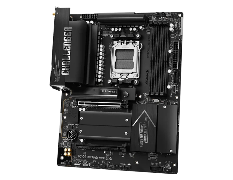 ASRock X870 Challenger WiFi - AMD X870 ATX motherboard, AM5 socket (Ryzen 7000/8000/9000 support), DDR5 dual-channel up to 256GB (8000+ MT/s OC), PCIe 5.0 x16 GPU slot, PCIe 5.0 M.2 (Blazing Gen5) + multiple Gen4 M.2 slots, 16+2+1 phase 80A Dr.MOS VRM, Wi-Fi 7 (802.11be), 2.5GbE LAN, USB4 40Gbps Type-C, HDMI 2.1, Nahimic audio, RGB headers, EZ DIY features, toolless M.2 install - Featured Image