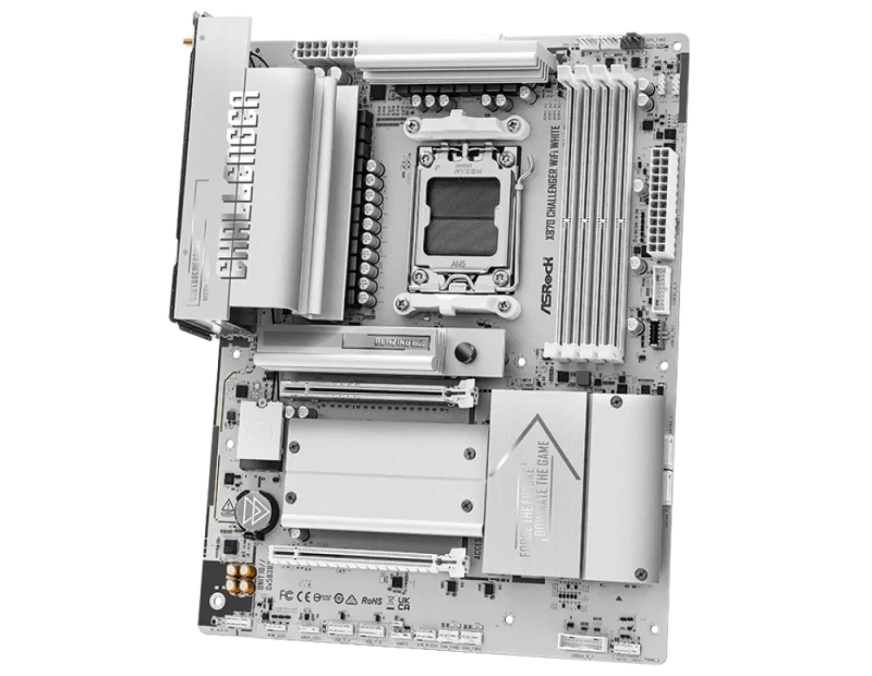 ASRock X870 Challenger WiFi White - AMD X870 ATX motherboard, AM5 Ryzen 7000/8000/9000 support, DDR5 dual-channel up to 256GB (8000MT/s OC), PCIe 5.0 x16 GPU slot, PCIe 5.0 Blazing M.2 + multiple Gen4 M.2 slots, 16+2+1 phase 80A Dr.MOS VRM, Wi-Fi 7 (802.11be), 2.5GbE LAN, dual USB4 Type-C 40Gbps, HDMI 2.1, Nahimic audio, white heatsink design - Featured Image
