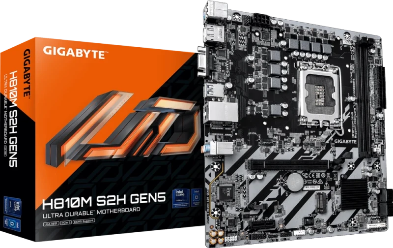Gigabyte H810M S2H GEN5 - Intel H810 mATX motherboard, LGA1851 Core Ultra Series support, DDR5 dual-channel up to 128GB, PCIe 5.0 x16 GPU slot, PCIe 4.0 M.2 NVMe, 4+1+2 VRM design, GbE LAN, USB 3.2 Gen1, HDMI + DP + D-Sub, SATA 6Gb/s, Smart Fan 6, RGB Fusion headers, Ultra Durable PCB, EZ-Latch PCIe - Featured Image