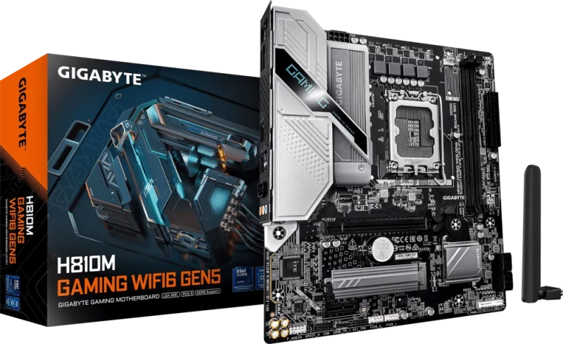 Gigabyte H810M GAMING WIFI6 GEN5 - Intel H810 mATX motherboard, LGA1851 Core Ultra Series 2 support, DDR5 dual-channel up to 128GB (6400MT/s OC), PCIe 5.0 x16 GPU slot, PCIe 4.0 M.2 NVMe support, Wi-Fi 6 (802.11ax) + Bluetooth 5.4, 2.5GbE LAN, HDMI 2.1 + DisplayPort 2.1, USB 3.2 Gen1 + USB 2.0, Realtek HD Audio 7.1, Smart Fan 6, RGB Fusion headers, Ultra Durable design - Featured Image