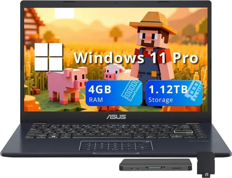 ASUS Vivobook Go 14 (E410KA) - 14" FHD 1920x1080 anti-glare display, Intel Celeron N4500 (2C/2T up to 2.8GHz), 4GB DDR4, 128GB eMMC + 1TB docking storage bundle, Intel UHD Graphics, Wi-Fi 5 + Bluetooth 5.1, USB-C + USB-A + HDMI 1.4, ASUS NumberPad, 720p webcam, fanless design, Windows 11 Pro, Star Black - Featured Image