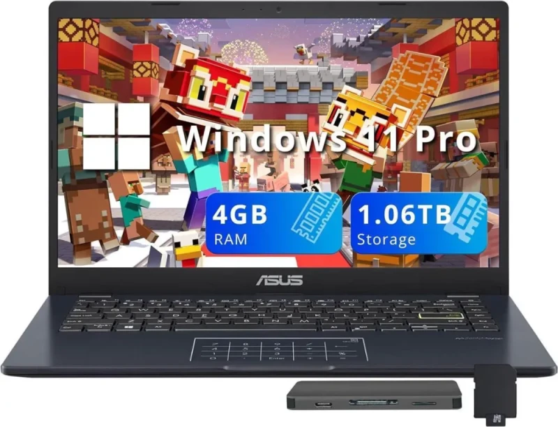ASUS 14-inch FHD Laptop (X415KA/A416) - Intel Celeron N4500 (2C/2T up to 2.8GHz), 4GB DDR4, 64GB eMMC + 1TB docking storage bundle, Intel UHD Graphics, 1920x1080 anti-glare display, Wi-Fi 5 + Bluetooth, USB-C + USB-A + HDMI 1.4, ASUS NumberPad, 720p webcam, fanless design, Windows 11 Pro, Quiet Blue - Featured Image