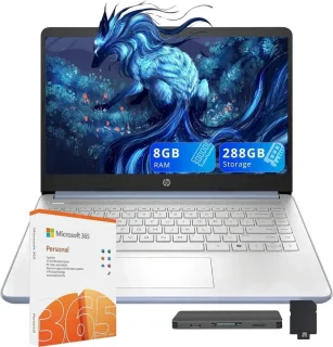 HP 14-inch HD Anti-Glare Laptop - Intel N150 (4C/4T up to 3.6GHz), 8GB DDR4-3200, 128GB SSD + 160GB docking storage bundle, Intel UHD Graphics, 1366x768 BrightView display, Wi-Fi 6 + Bluetooth 5.4, USB-C + USB-A + HDMI 1.4b, 720p webcam, 41Wh battery, fast charge, 1-year Office 365, Windows 11 S, blue