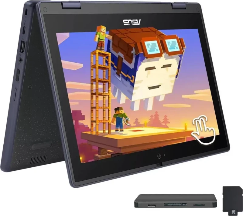 ASUS 11.6" HD Touchscreen 2-in-1 Laptop - Intel Celeron N100 (4C up to 3.4GHz), 4GB DDR4, 128GB SSD + 160GB docking storage bundle, Intel UHD Graphics, 1366x768 touch display, Wi-Fi 6 + Bluetooth, USB-C + USB-A + HDMI 1.4, 360° hinge convertible design, webcam, Windows 11 Pro, Mineral Gray - Featured Image