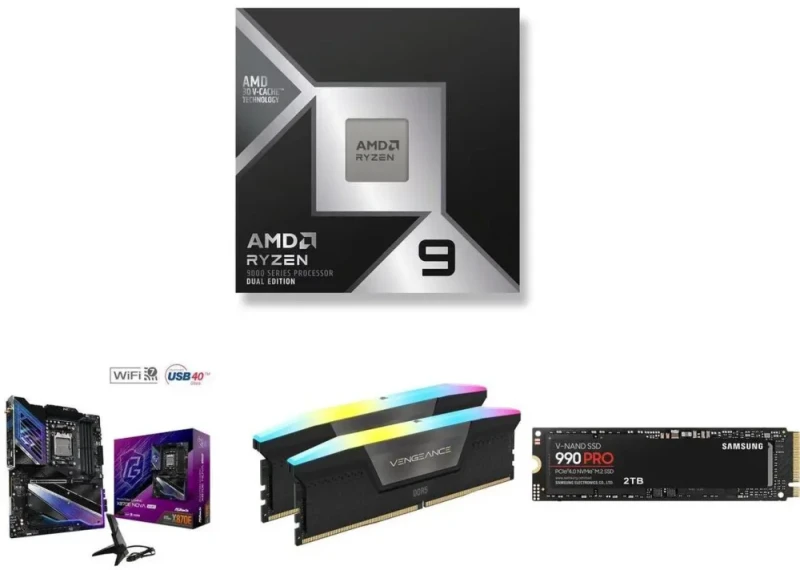 AMD Ryzen 7 9800X3D + ASRock X870E Nova WiFi + Corsair Vengeance RGB 32GB (2x16GB) DDR5-6000 CL36 + Samsung 990 PRO 2TB NVMe PCIe 4.0 SSD - Featured Image