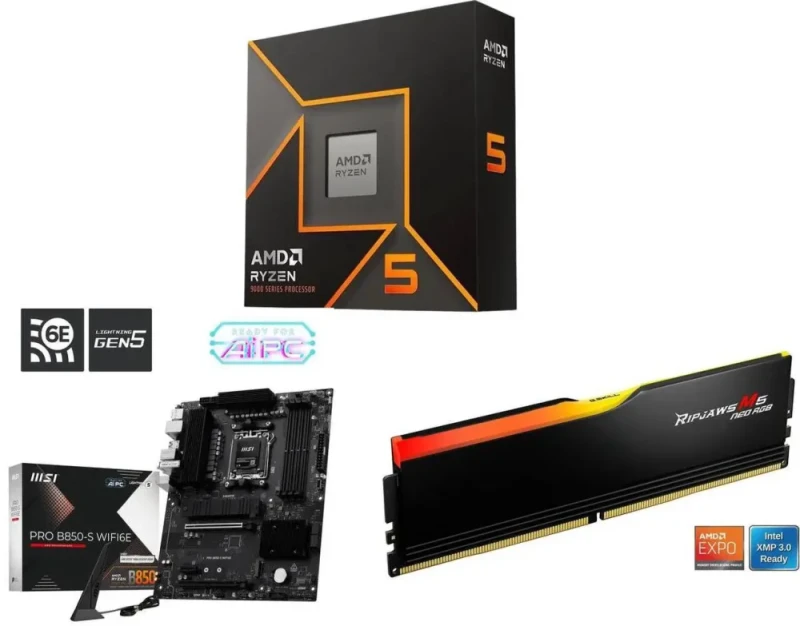 CPU Motherboard Memory Combo - AMD Ryzen 5 9600X Bundle with MSI PRO B850-S WIFI6E and G.SKILL F5-6000J3636F16GX1-RM5NRK - Featured Image
