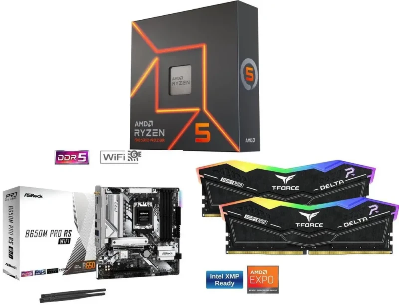 AMD Ryzen 5 7600X + ASRock B650M Pro RS WiFi + TeamGroup T-Force 16GB (2x8GB) DDR5-6000 CL38 - Featured Image