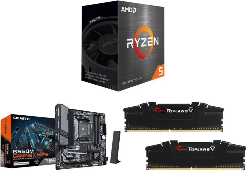 AMD Ryzen 5 5500 + GIGABYTE B550M GAMING X WIFI6 + G.SKILL Ripjaws V 16GB (2x8GB) DDR4-3200 CL16 - Featured Image