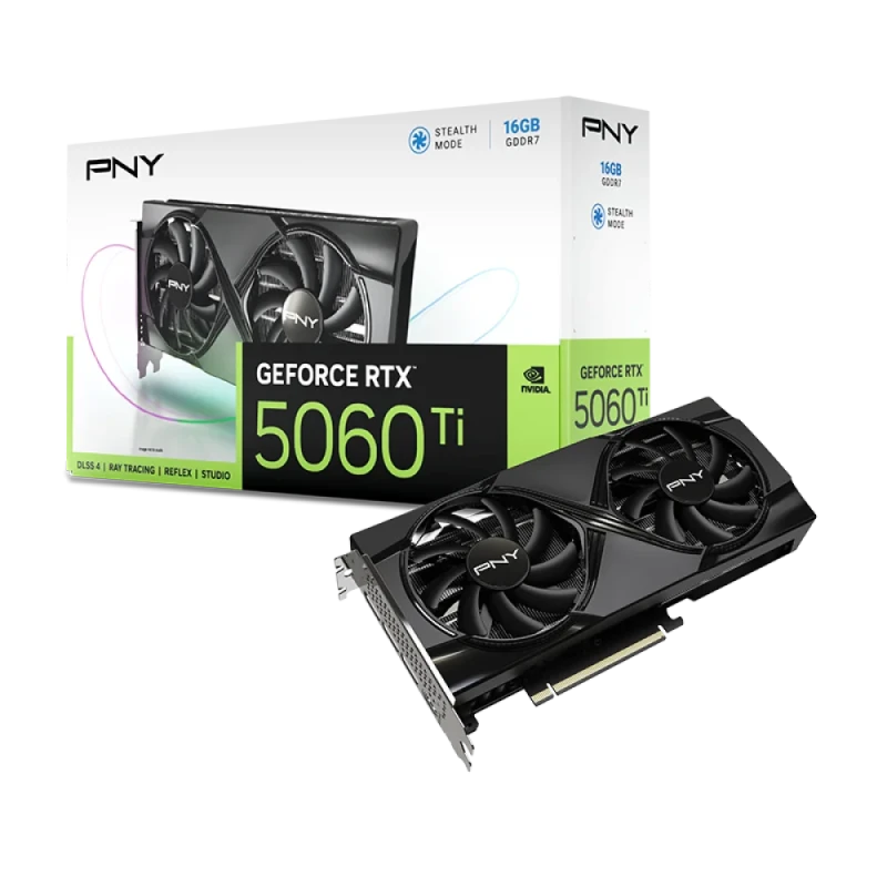 PNY GeForce RTX 5060 Ti Dual Fan 16GB Graphics Card – NVIDIA Blackwell RTX 5060 Ti GPU, 4608 CUDA Cores, 16 GB GDDR7 128-bit Memory, 448 GB/s Bandwidth, PCIe 5.0 x8, Dual-Fan Cooling, Dual-Slot, HDMI 2.1b & 3x DisplayPort 2.1b, 245 mm Length, 180 W TDP - Featured Image