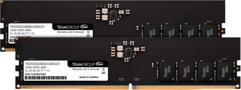 TEAMGROUP Elite 32 GB - 2 x 16GB, DDR5 288-pin DIMM, 4800MT/s, CL40, Black color - Featured Image
