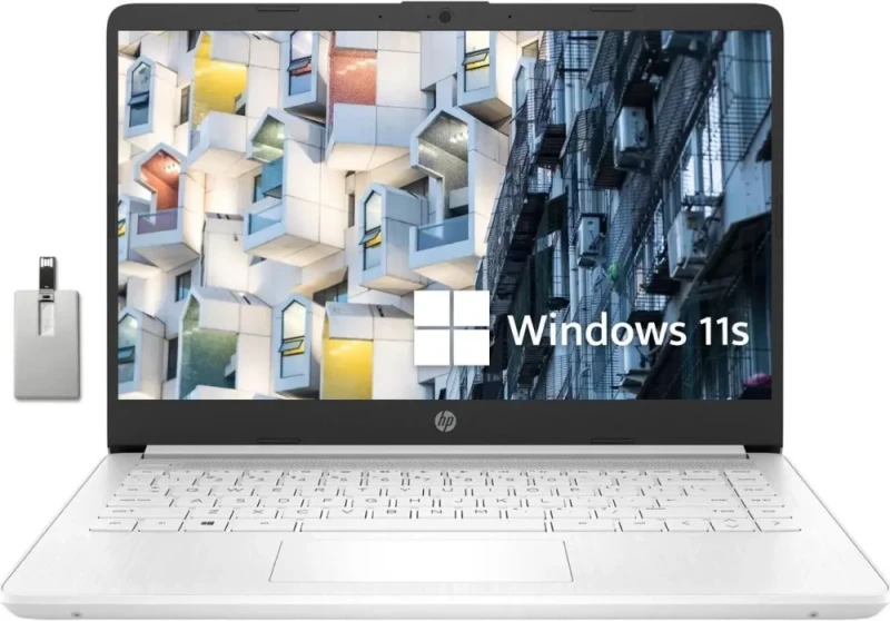 HP Premium Stream 14" HD BrightView Laptop – Intel Celeron N4120 Processor, 4GB RAM, 64GB eMMC Storage, Intel UHD Graphics 600, BrightView HD Display, HD Webcam, Wi-Fi 5, Bluetooth, HDMI, 1-Year Microsoft 365 Included, Windows 11 S, White, Includes 32GB USB Flash Drive - Featured Image