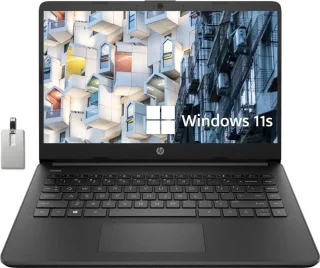 HP Stream 14" HD BrightView Laptop – Intel Celeron N4020 Processor, 8GB RAM, 64GB SSD Storage, Intel UHD Graphics 600, 14" BrightView HD Display, 720p Webcam, Wi-Fi, Bluetooth, HDMI, 1-Year Microsoft 365 Included, Windows 11 S, Black, Includes 32GB USB Flash Drive