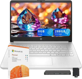 HP 14" HD Anti-Glare Laptop (2025) – Intel Processor N150 Quad-Core, 8GB RAM, 288GB Total Storage (128GB SSD + 160GB Docking Station Bundle), Intel UHD Graphics, 14" Anti-Glare HD Display, Wi-Fi 6, Fast Charge, HD Webcam, 1-Year Microsoft 365 Included, Windows 11 S, Silver