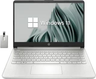 HP 14" FHD BrightView Laptop – Intel Pentium Silver N6000 Quad-Core Processor, 4GB DDR4 RAM, 64GB eMMC Storage, Intel UHD Graphics, 14" Full HD BrightView Display, HD Webcam, Wi-Fi 5, Bluetooth, Slim Silver Design, Windows 11, Includes 32GB USB Flash Drive