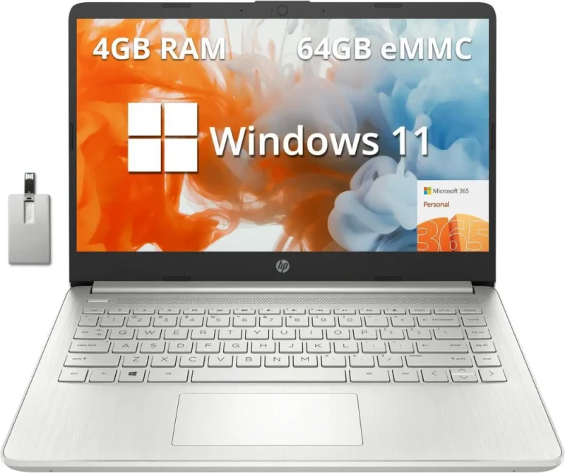 HP Stream 14" HD Laptop – AMD Athlon 3050U Dual-Core Processor, 4GB RAM, 64GB eMMC Storage, AMD Radeon Graphics, 14" HD Display, Full-Size Keyboard, 720p Webcam, Wi-Fi, Bluetooth, 1-Year Microsoft 365 Included, Windows 11, Silver, Includes 32GB USB Flash Drive - Featured Image