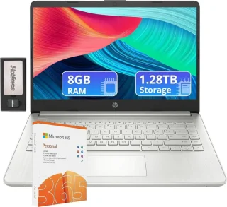 HP Flagship 14" Laptop – Intel 4-Core Processor (N-Series Class), 8GB RAM, 1.28TB Total Storage (128GB eMMC + 160GB Docking Station + 1TB Cloud Storage), 14" HD Display, Integrated Intel Graphics, HD Webcam, Wi-Fi, Fast Charge Support, 1-Year Microsoft 365 Included, Windows 11, Silver