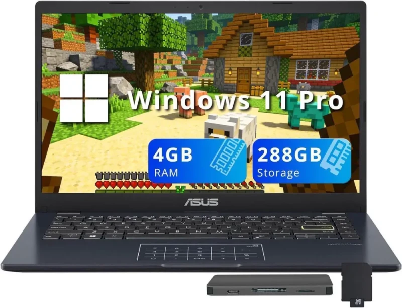 ASUS Vivobook Go 14" FHD Business Laptop – Intel Celeron N4500 Dual-Core Processor, 4GB RAM, 288GB Total Storage (128GB eMMC + 160GB Docking Station Bundle), Intel UHD Graphics, 14" Full HD Display, Integrated NumberPad Touchpad, HD Webcam, Wi-Fi, Bluetooth, Windows 11 Pro, Star Black - Featured Image