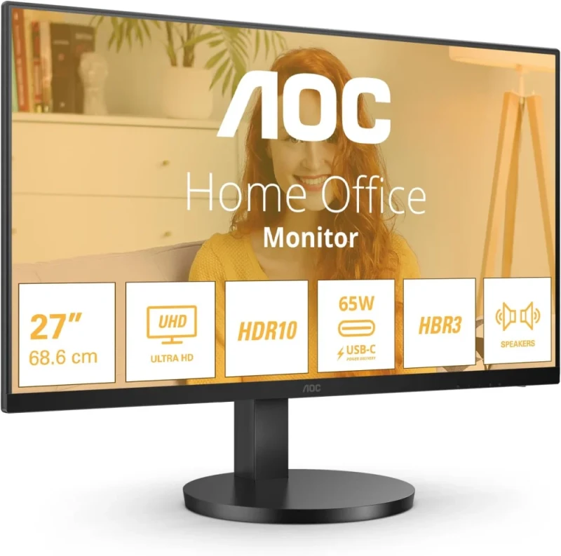 AOC U27B3CF - 27 Inch UHD Monitor, Speaker, Height Adjustable, HDR10 (3840 x 2160, 4K, 60 Hz, 2 x HDMI, USB Hub), USB - C (60 W PD) Black - Featured Image