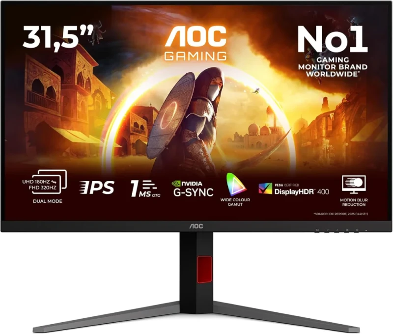 AOC U32G4U 31.5 inch UHD Gaming Monitor 160Hz, Fast IPS Panel, 0.5ms MPRT, Adaptive Sync, HDR400, G-Sync Compatible, Height Adjustment, (3840x2160 HDMI 2x 2.1 DP 1x 1.4 USB Hub) Black - Featured Image