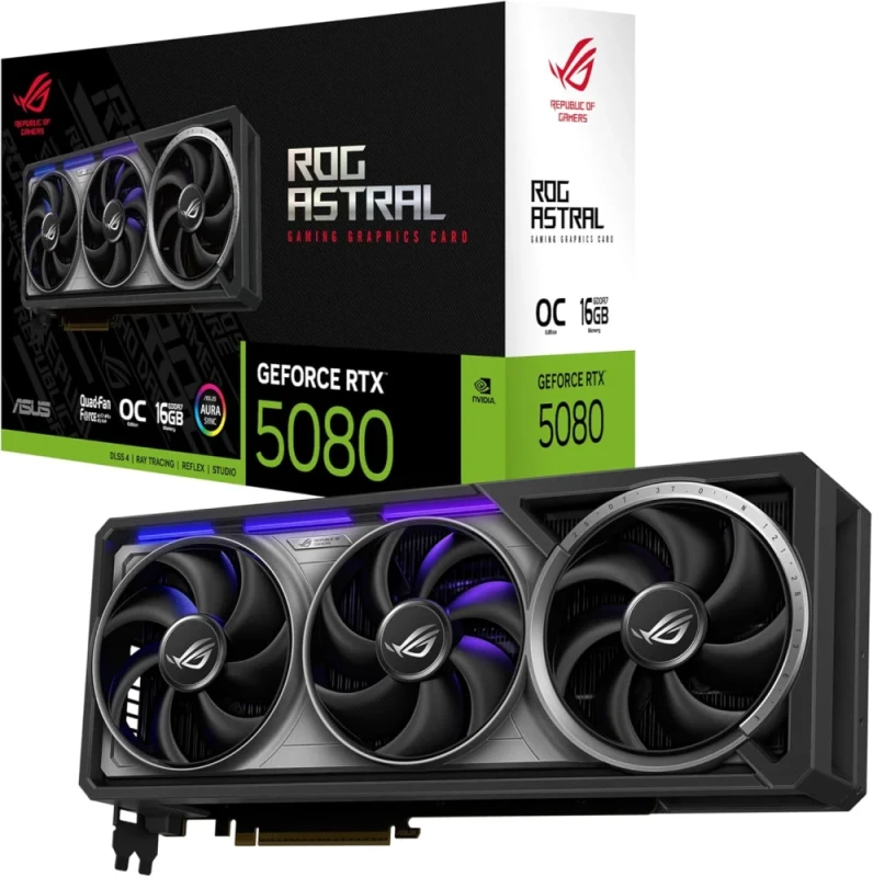 ASUS ROG Astral GeForce RTX 5080 OC Edition 16GB GDDR7 Graphics Card - PCIe 5.0, 10752 CUDA Cores, 30Gbps 256-Bit Memory, 3x DisplayPort 2.1b, 2x HDMI 2.1b, Quad-Fan Axial-Tech Cooling, Patented Vapor Chamber, 3.8-Slot Design, Metal Shroud & Backplate, ARGB Lighting, GPU Guard Technology - Featured Image