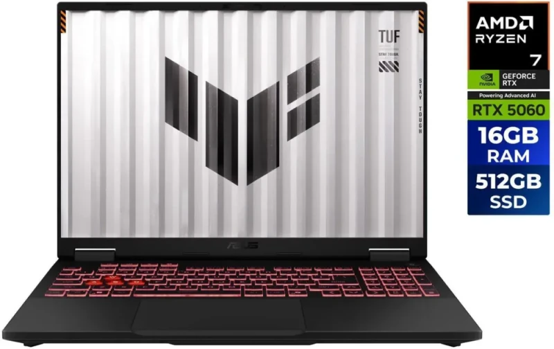 ASUS TUF Gaming A16 FA608UMI-NB73 Gaming Laptop - AMD Ryzen 7 260, GeForce RTX 5060 8GB, 16GB DDR5-5600 RAM, 512GB PCIe SSD, 16" WUXGA 144Hz Display, Windows 11 Home - Featured Image