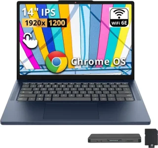 Lenovo IdeaPad Slim 3 14" 2K Touch Chromebook - MediaTek Kompanio 540, 4GB LPDDR5X RAM, 224GB Storage (64GB eMMC + 160GB Docking Station), 14" 2K Touch Display, Wi-Fi 6E, Chrome OS, Blue