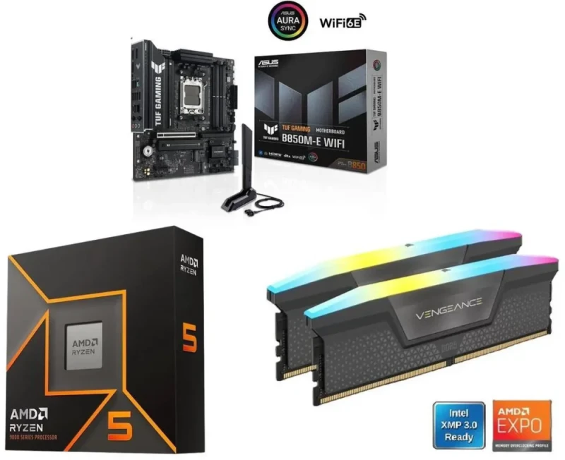 ASUS TUF GAMING B850M-E WIFI + AMD Ryzen 5 9600X + CORSAIR Vengeance RGB 16GB DDR5 6000 - Featured Image