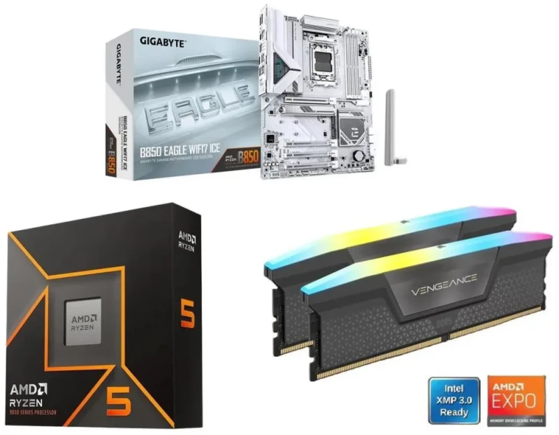 GIGABYTE B850 EAGLE WIFI7 ICE + AMD Ryzen 5 9600X + CORSAIR Vengeance RGB 16GB DDR5 6000 - Featured Image