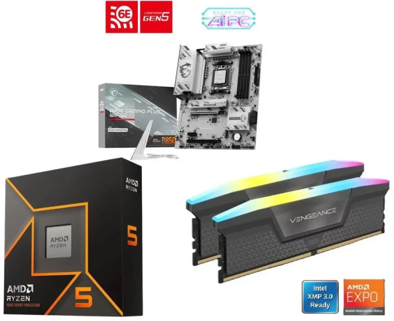 MSI B850 GAMING PLUS WIFI6E + AMD Ryzen 5 9600X + CORSAIR Vengeance RGB 16GB (2x8GB) DDR5 6000 - Featured Image