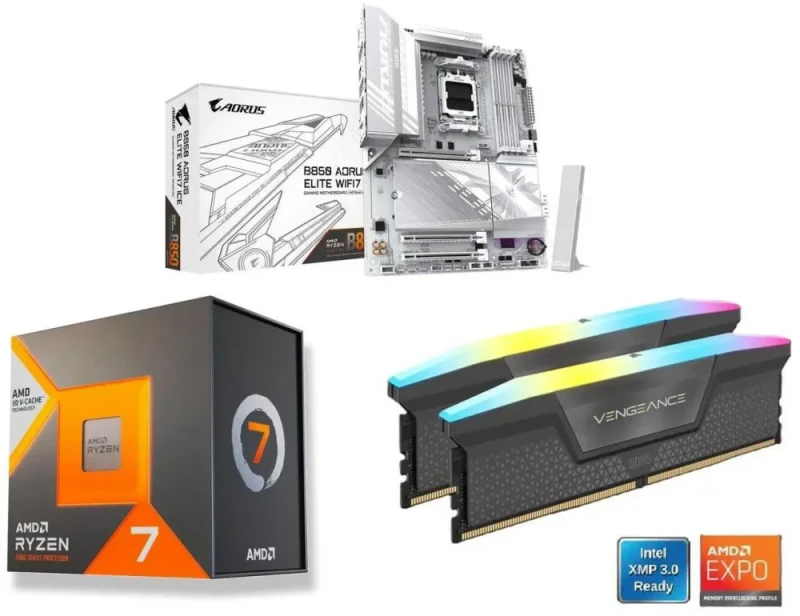 GIGABYTE B850 A ELITE WF7 ICE + AMD Ryzen 7 7700X3D + CORSAIR Vengeance RGB 16GB (2 x 8GB) DDR5 6000 - Featured Image
