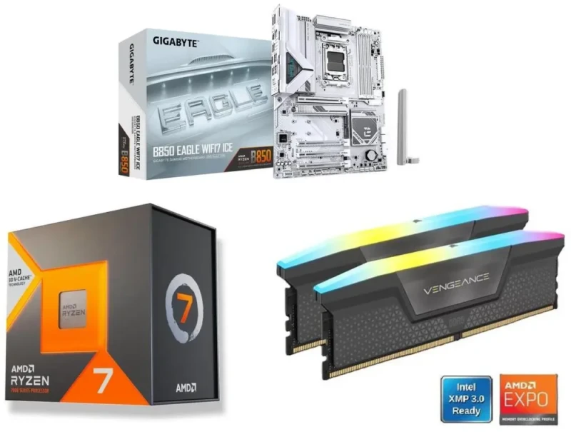 GIGABYTE B850 EAGLE WIFI7 ICE + AMD Ryzen 7 7700X3D + CORSAIR Vengeance RGB 16GB (2 x 8GB) DDR5 6000 - Featured Image