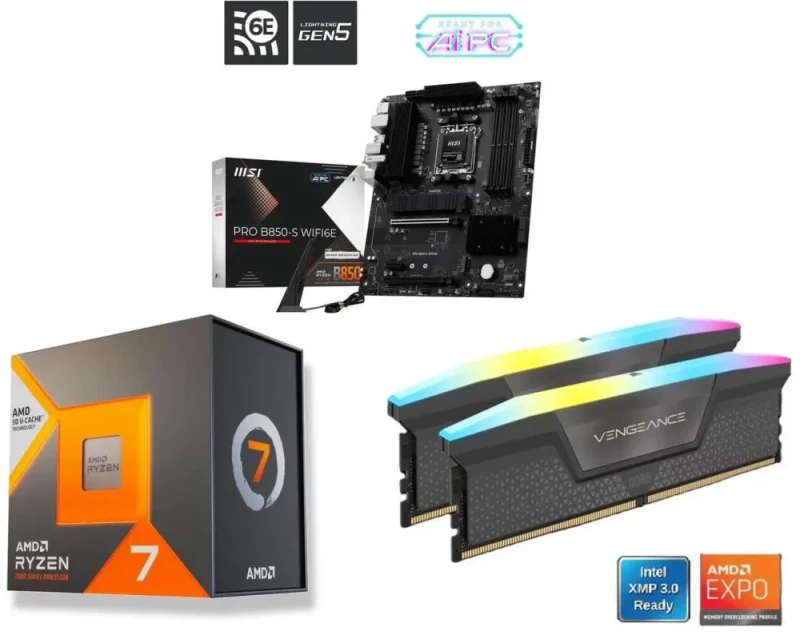 MSI PRO B850-S WIFI6E + AMD Ryzen 7 7700X3D + CORSAIR Vengeance RGB 16GB (2 x 8GB) DDR5 6000 - Featured Image