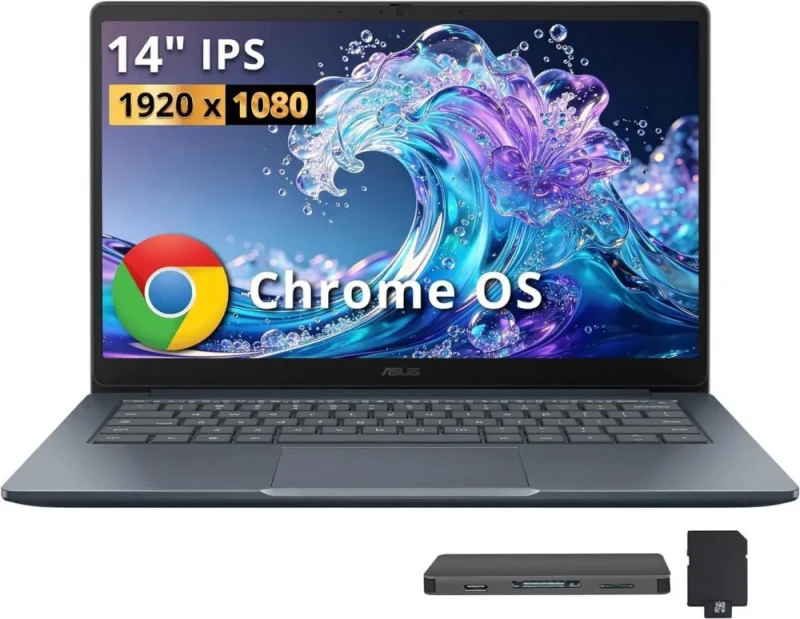 ASUS CX14 14" FHD Chromebook Laptop - Intel Celeron N50, 4GB LPDDR5 RAM, 224GB Storage (64GB eMMC + 160GB Docking Station Set), Intel UHD Graphics, 14" Full HD Display, Wi-Fi 6, Chrome OS, Dusk Gray - Featured Image