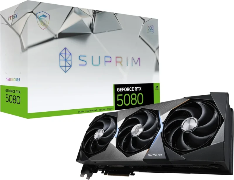 MSI GeForce RTX 5080 SUPRIM SOC 16GB GDDR7 PCIe 5.0 Graphics Card – NVIDIA Blackwell GPU, 10,752 CUDA-Cores, 256-bit 30 Gbps 16 GB VRAM, 2745 MHz Boost (OC), Triple-Fan Stormforce Cooler with Vapor Chamber & Wave Curved 4.0, HDMI 2.1b + 3x DisplayPort 2.1b, 359 mm Black/Silver High-End Gaming GPU - Featured Image