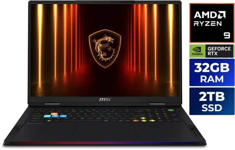 MSI Raider A18 HX A9WIG-082US Gaming Laptop - AMD Ryzen 9 9955HX3D, GeForce RTX 5080 Laptop GPU 16GB, 32GB DDR5-5600 RAM, 2TB NVMe SSD, 18" 120Hz Mini LED Display, Wi-Fi 7, Windows 11 Pro - Featured Image