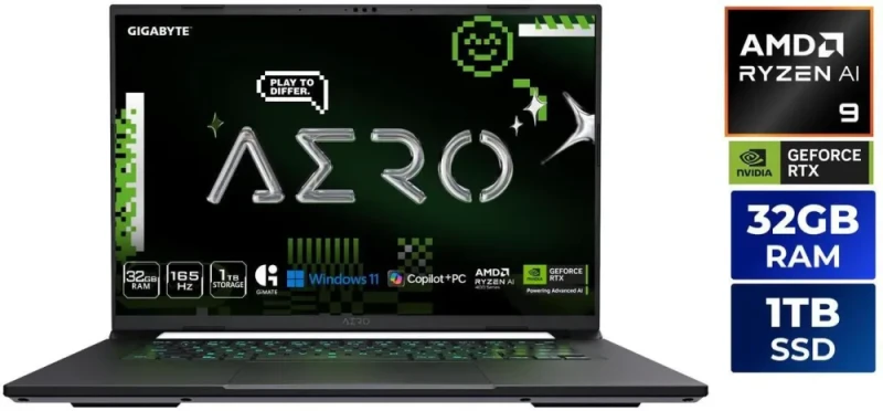 GIGABYTE AERO X16 4PHN4USC64AH Copilot+ PC - AMD Ryzen AI 9 465, GeForce RTX 5070 Laptop GPU 8GB, 32GB DDR5-5600 RAM, 1TB PCIe NVMe SSD, 16" WQXGA 165Hz Display, Windows 11 Home - Featured Image