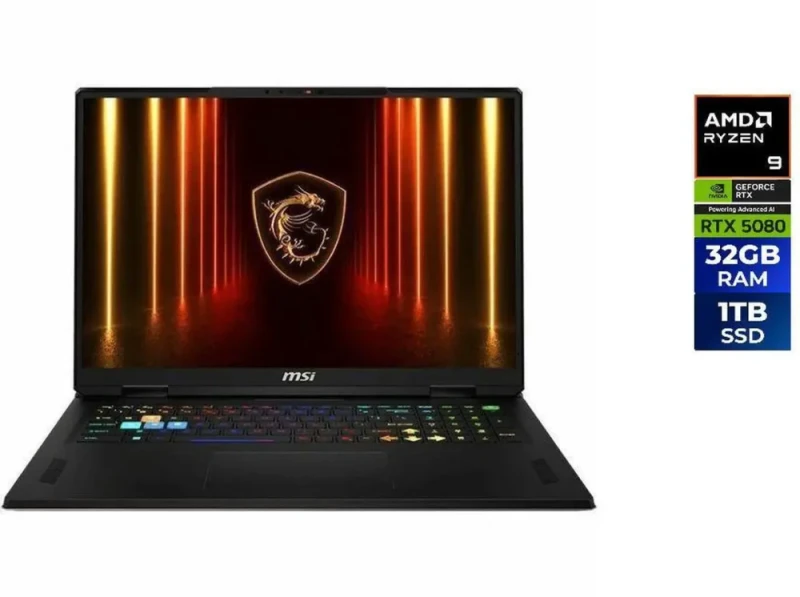 MSI Vector A18 HX A9WIG-223US Gaming Laptop - AMD Ryzen 9 9955HX, GeForce RTX 5080 Laptop GPU 16GB, 32GB DDR5-5600 RAM, 1TB NVMe SSD, 18" QHD+ 240Hz Display, Windows 11 Home - Featured Image