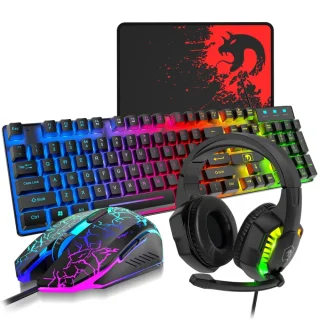 ATTACK SHARK x MAMBASNAKE T11 4-in-1 Gaming Combo - Wired Gaming Keyboard, Gaming Mouse, Headset with Microphone, Mouse Pad, Rainbow LED Backlighting, PC, Mac, PS4, Xbox