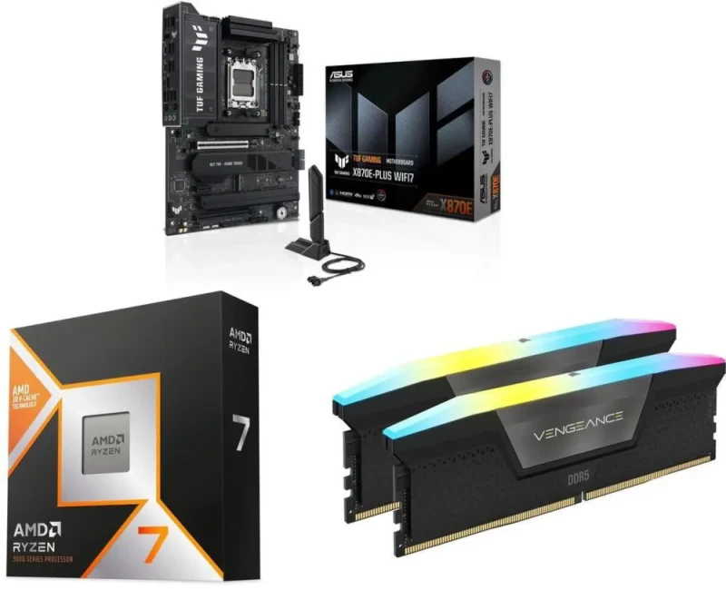 ASUS TUF GAMING X870E-PLUS WIFI7 + AMD Ryzen 7 9800X3D + CORSAIR Vengeance RGB 32GB (2 x 16GB) 288-Pin PC RAM DDR5 6000 - Featured Image