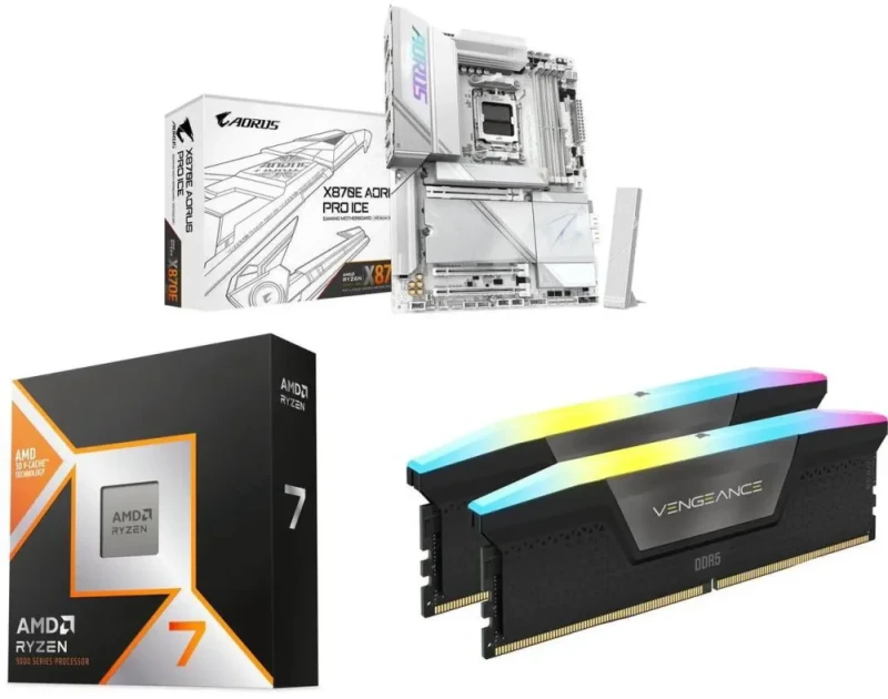 GIGABYTE X870E AORUS PRO ICE + AMD Ryzen 7 9800X3D + CORSAIR Vengeance RGB 32GB DDR5 6000 - Featured Image