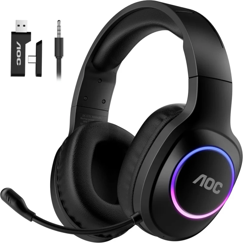 AOC Wireless Gaming Headset - 2.4GHz Wireless, Stereo Audio, Noise-Cancelling Microphone, PS5, PS4, Nintendo Switch & PC Compatible, Black - Featured Image