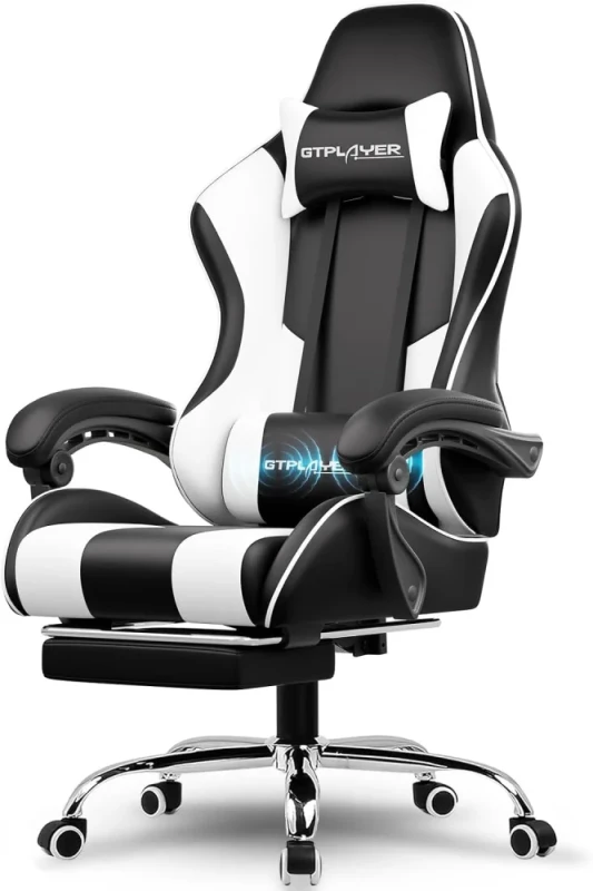 GTPLAYER GT800A Gaming Chair - White PU Leather, Lumbar Massage, Retractable Footrest, 135° Reclining Backrest, Adjustable Armrests, 150kg Weight Capacity - Featured Image