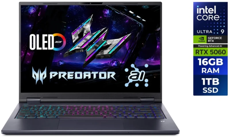 Acer Predator Helios Neo 14 AI Gaming Laptop - Intel Core Ultra 9 285H, NVIDIA GeForce RTX 5060 8GB, 16GB LPDDR5X RAM, 1TB PCIe Gen4 SSD, 14.5" WQXGA+ OLED 120Hz Display, Wi-Fi 6E, Windows 11 Home - Featured Image