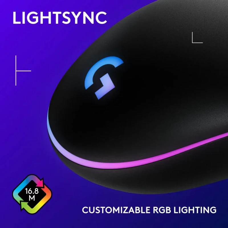 Logitech G203 Wired Gaming Mouse, 8,000 DPI, Rainbow Optical Effect LIGHTSYNC RGB, 6 Programmable Buttons, On-Board Memory, Screen Mapping, PC/Mac Computer and Laptop Compatible - Black - Image 4