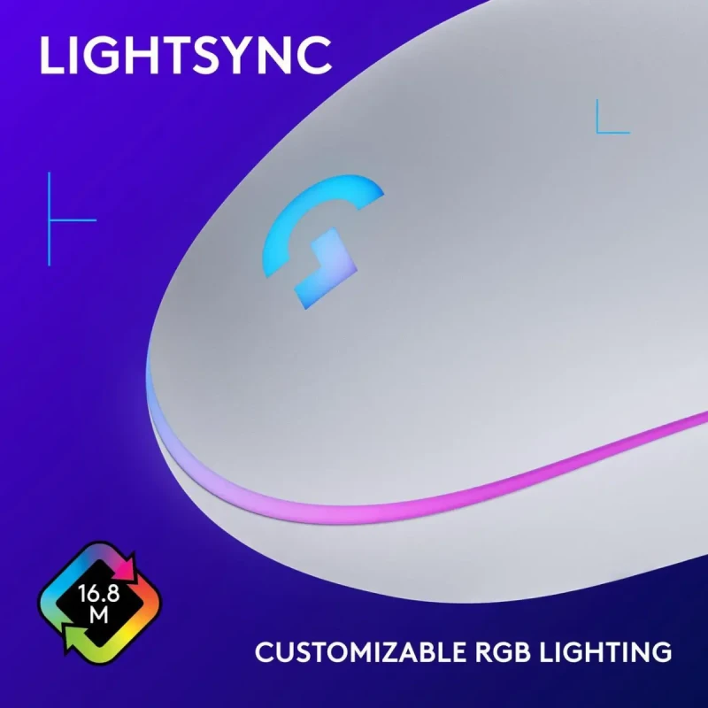 Logitech G203 Wired Gaming Mouse, 8,000 DPI, Rainbow Optical Effect LIGHTSYNC RGB, 6 Programmable Buttons, On-Board Memory, Screen Mapping, PC/Mac Computer and Laptop Compatible - White - Image 4