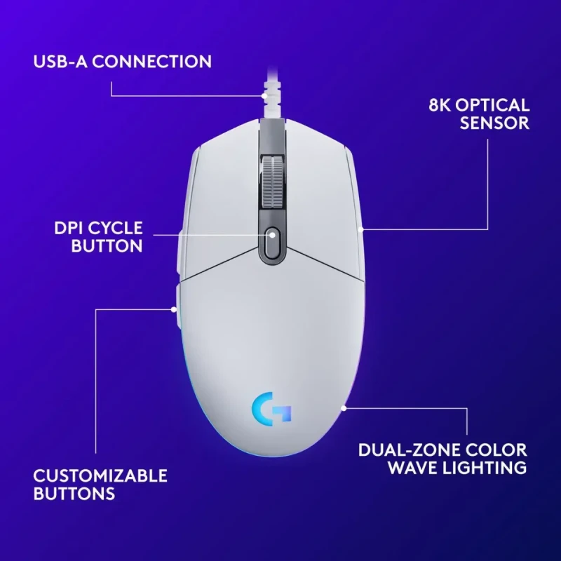 Logitech G203 Wired Gaming Mouse, 8,000 DPI, Rainbow Optical Effect LIGHTSYNC RGB, 6 Programmable Buttons, On-Board Memory, Screen Mapping, PC/Mac Computer and Laptop Compatible - White - Image 6