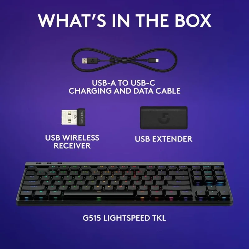 Logitech G515 LIGHTSPEED TKL Low Profile Wireless Gaming Keyboard - GL Brown Tactile Switches, LIGHTSYNC RGB, Thin Tenkeyless Design, PBT Keycaps - Black - Image 8