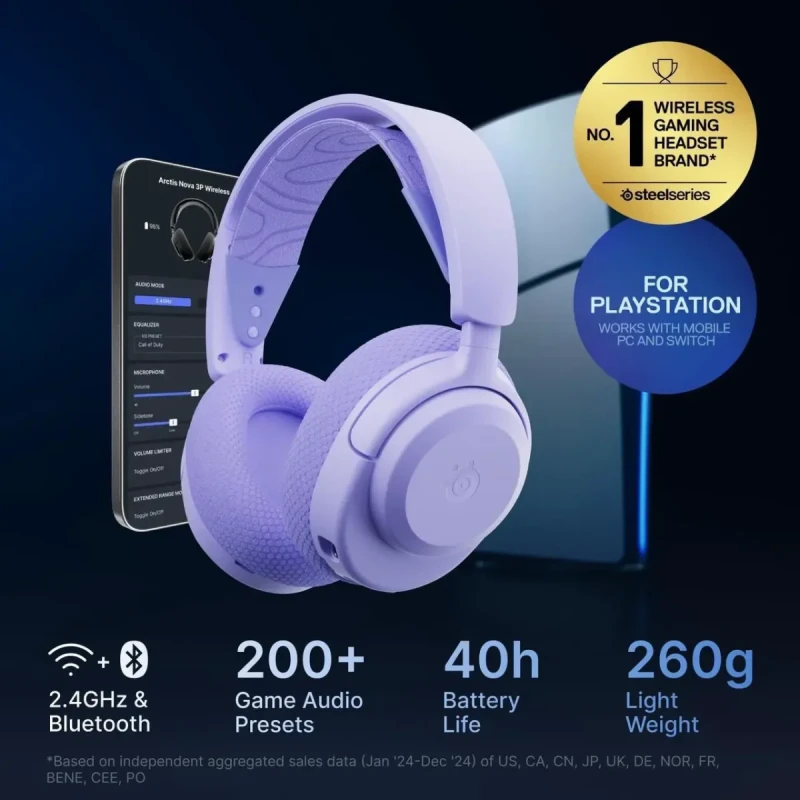SteelSeries Arctis Nova 3P Wireless Multi-Platform Gaming Headset - Mobile App Control, 40 HR Battery, Neodymium Magnetic Drivers, 2.4GHz/Bluetooth, PS5, PS4, PC, Switch, Mobile - Lavender - Image 2