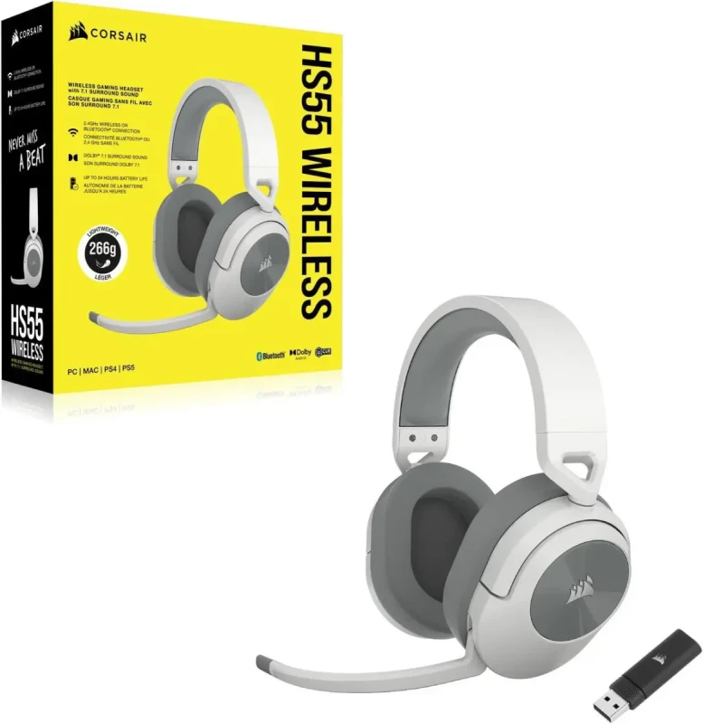 CORSAIR HS55 WIRELESS Gaming Headset, Lightweight, Bluetooth - Dolby 7.1 Surround Sound - iCUE Compatible - PC, MAC, PlayStation, Mobile - White - Image 12
